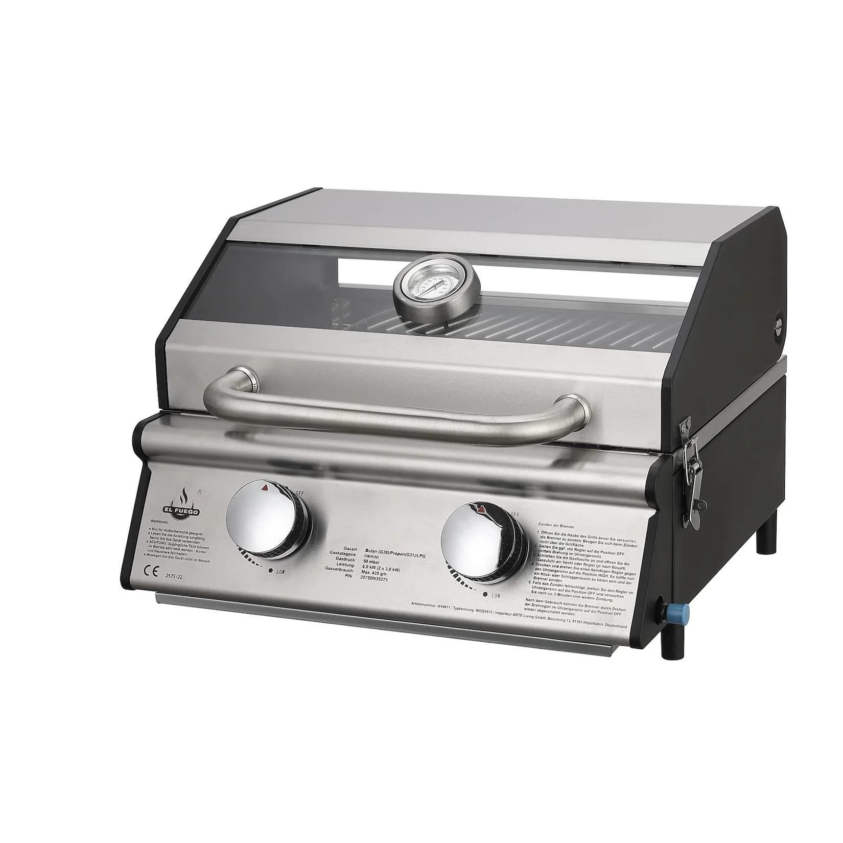 Gasgrill aus Gusseisen, Edelstahl und Glas