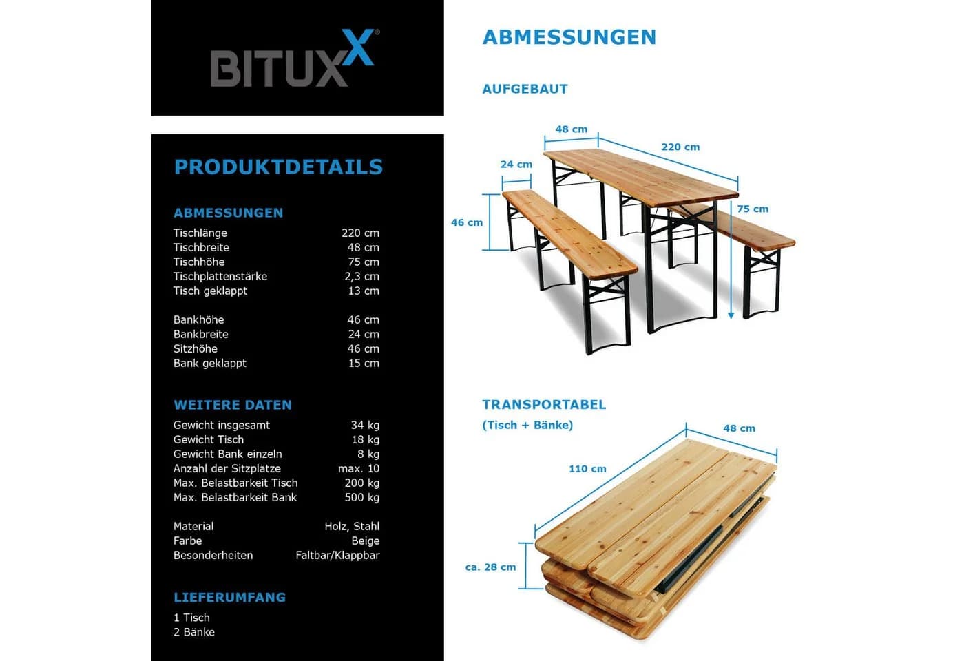 Bituxx Bierzeltgarnitur Tisch + 2 Bänke, 3-tlg. MS-18761 - Bild 3
