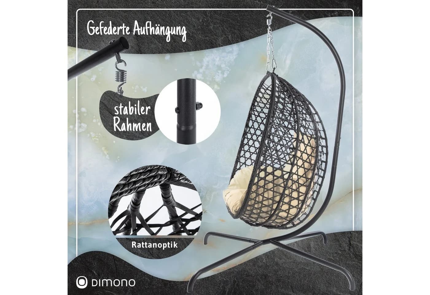 Goods+Gadgets Hängestuhl Polyrattan Grau mit Kissen & Gestell