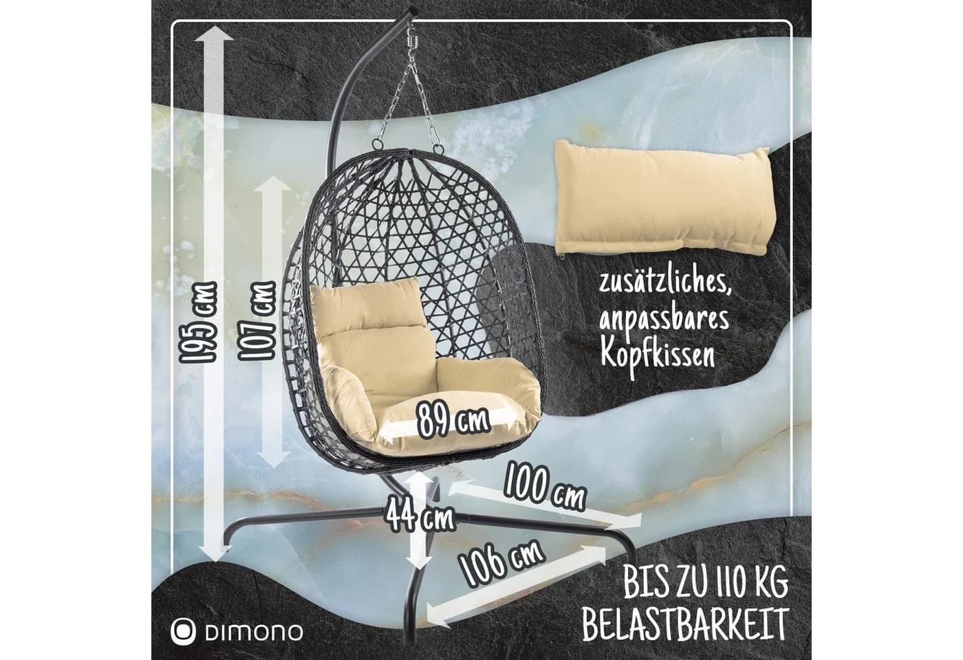 Goods+Gadgets Hängestuhl Polyrattan Grau mit Kissen & Gestell - Bild 5
