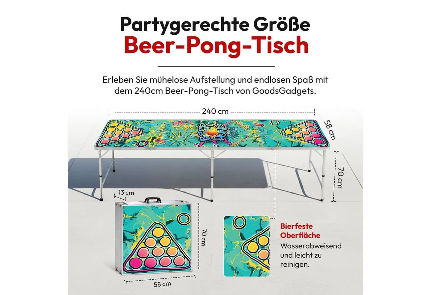 Goods+Gadgets Klappbarer Beer Pong Tisch, Aluminium, 240x55 cm - Bild 5