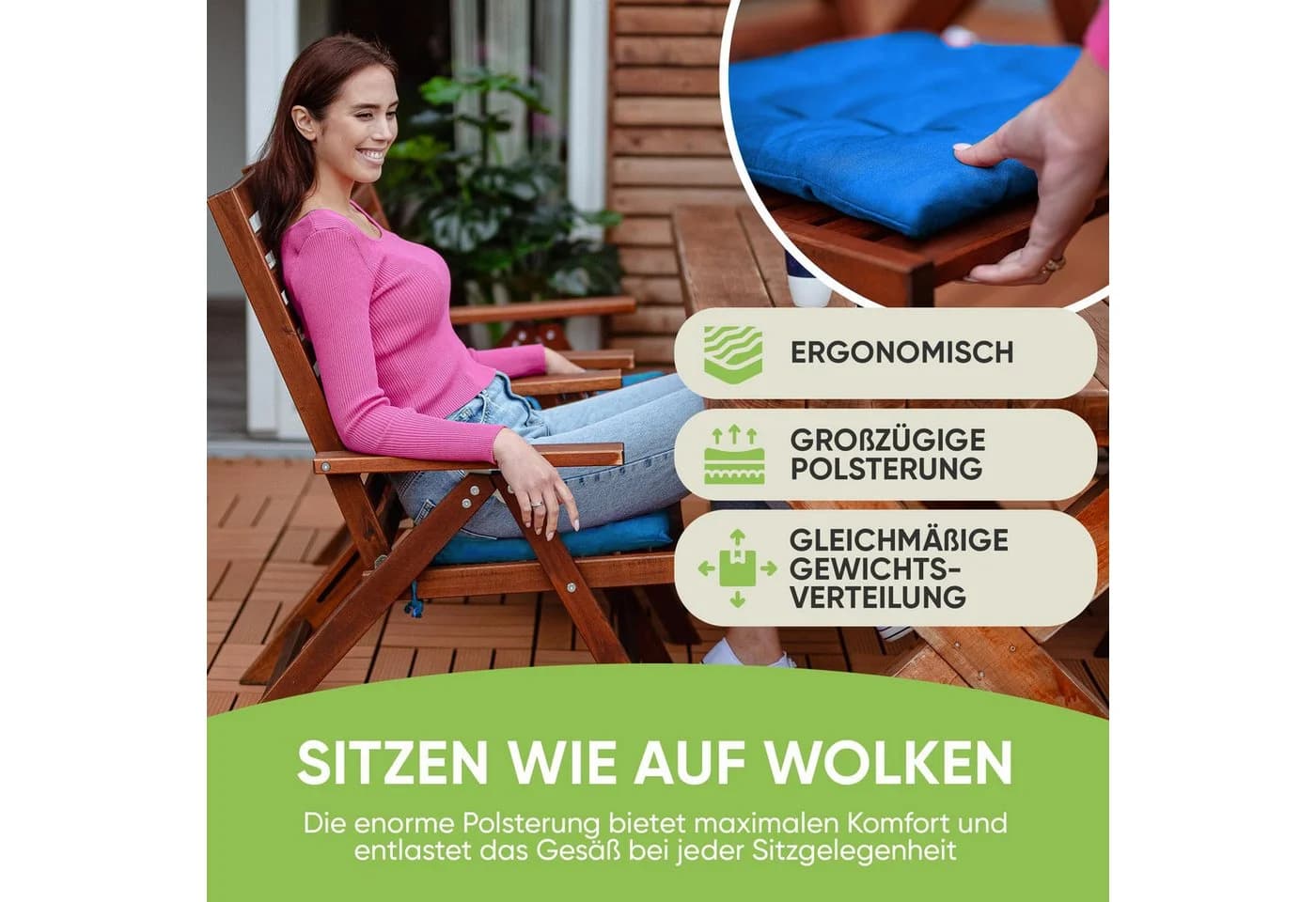 Gräfenstayn Stuhlkissen 40x40cm Blau mit Haltebändern Indoor Outdoor