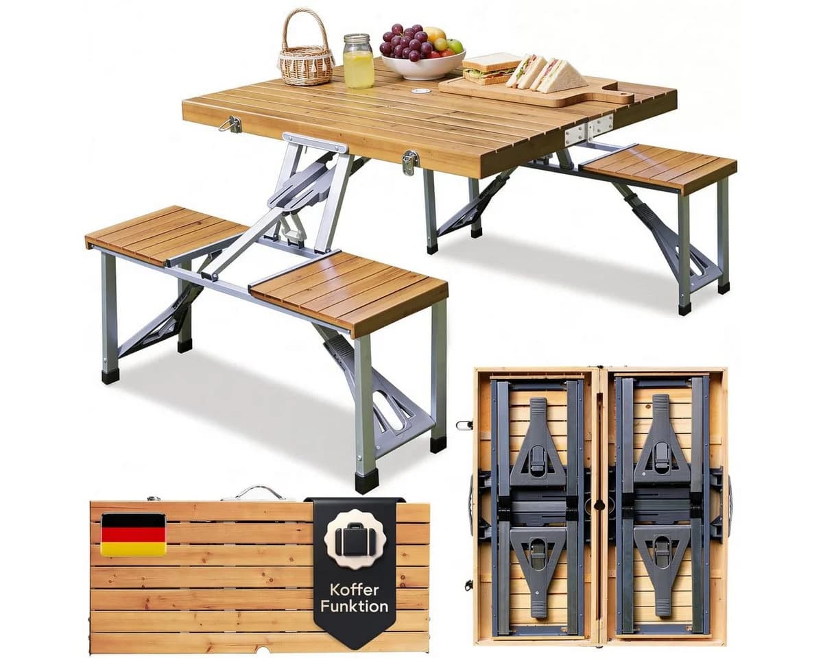 Casaria Campingtisch klappbar mit 4 Hockern, Schirmhalter, Aluminium & Holz - Bild 2