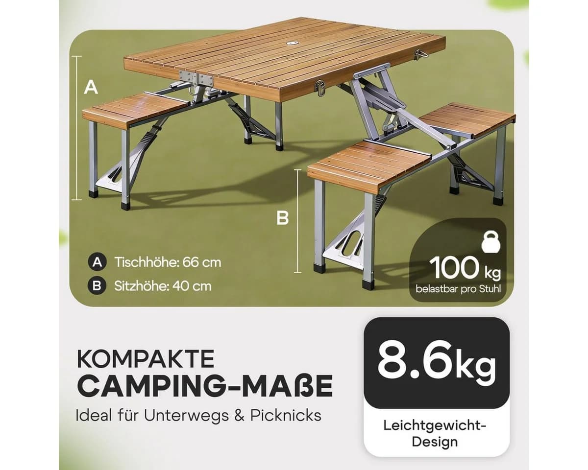 Casaria Campingtisch klappbar mit 4 Hockern, Schirmhalter, Aluminium & Holz - Bild 3