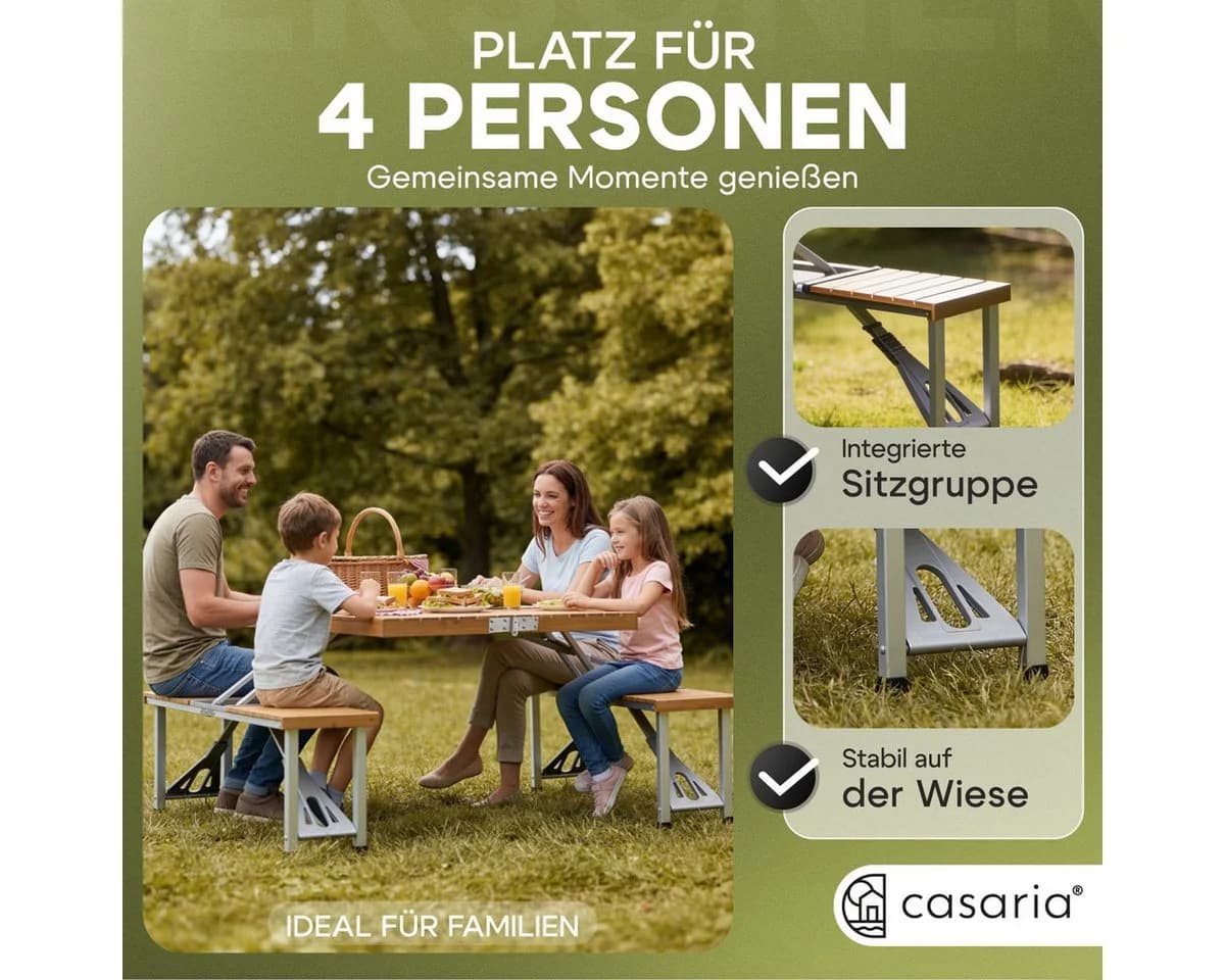 Casaria Campingtisch klappbar mit 4 Hockern, Schirmhalter, Aluminium & Holz - Bild 4