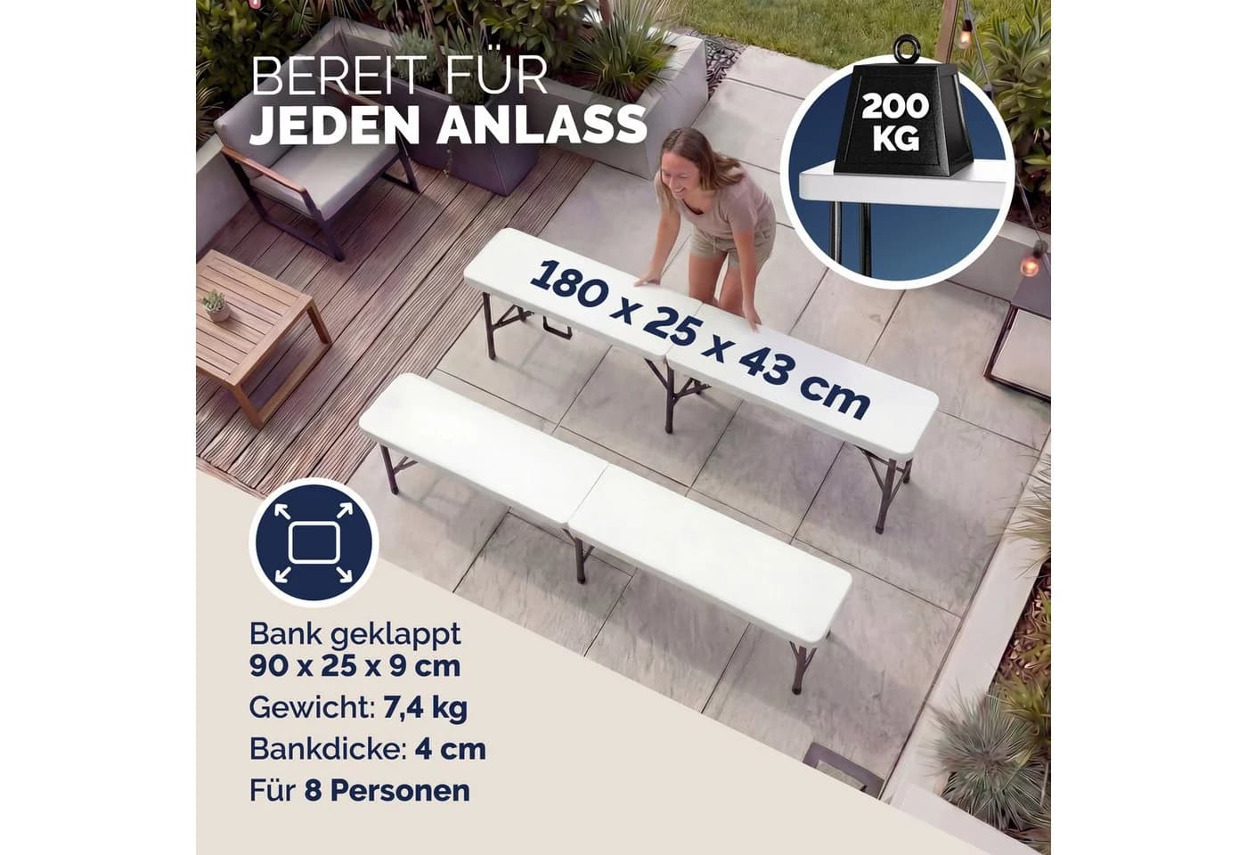 Casaria Gartenbank 2er Set Klappbar Kunststoff 8 Personen