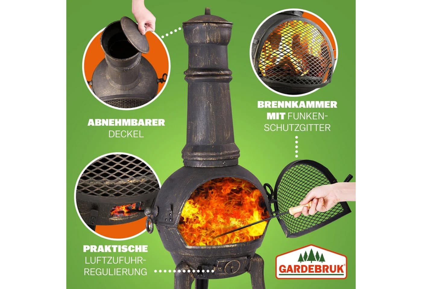 Gardebruk Terrassenofen Gusseisen mit Funkenschutz und Grillrost - Bild 5