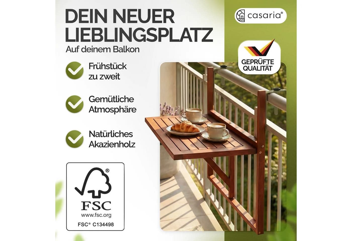 Casaria Balkonhängetisch Akazie Klappbar 40kg Belastbar