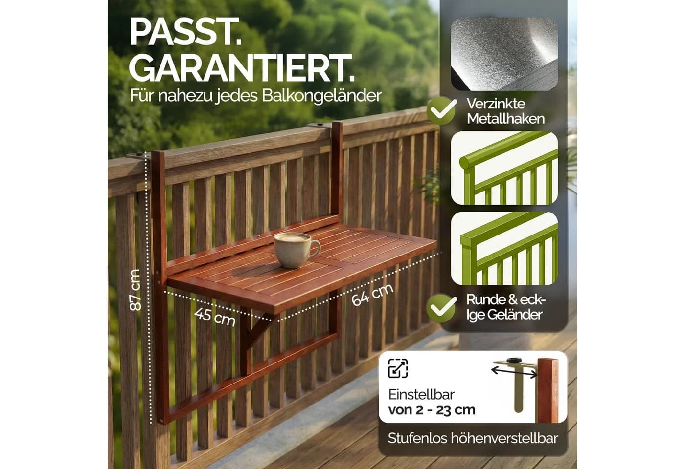 Casaria Balkonhängetisch Akazie Klappbar 40kg Belastbar - Bild 3