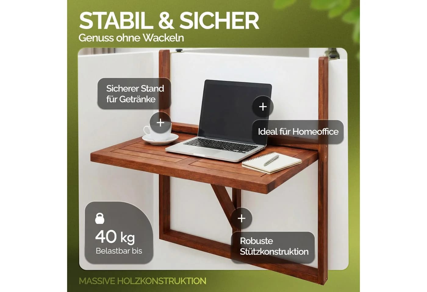Casaria Balkonhängetisch Akazie Klappbar 40kg Belastbar - Bild 4