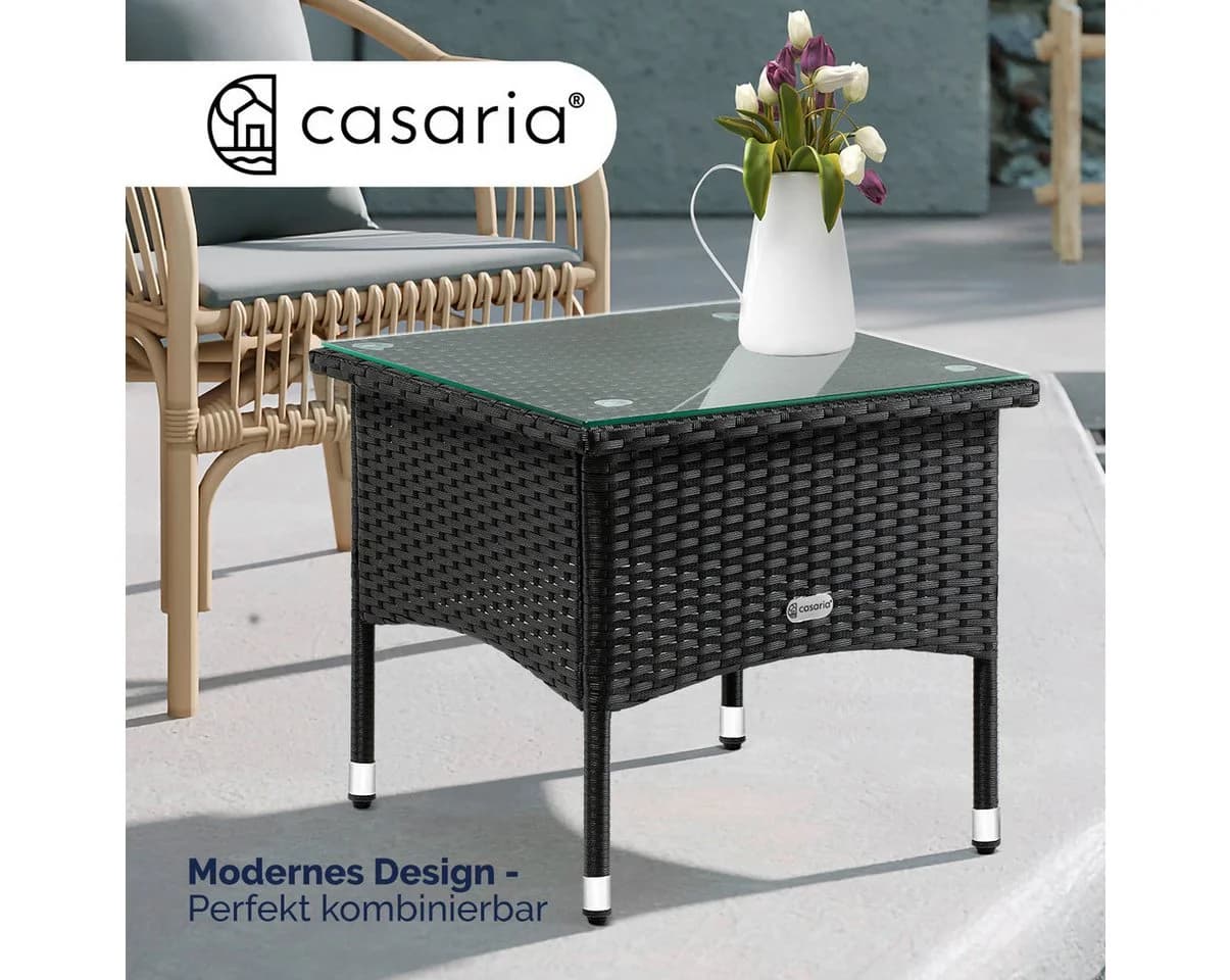 Casaria Beistelltisch Polyrattan Höhenverstellbar Glasplatte Wetterfest