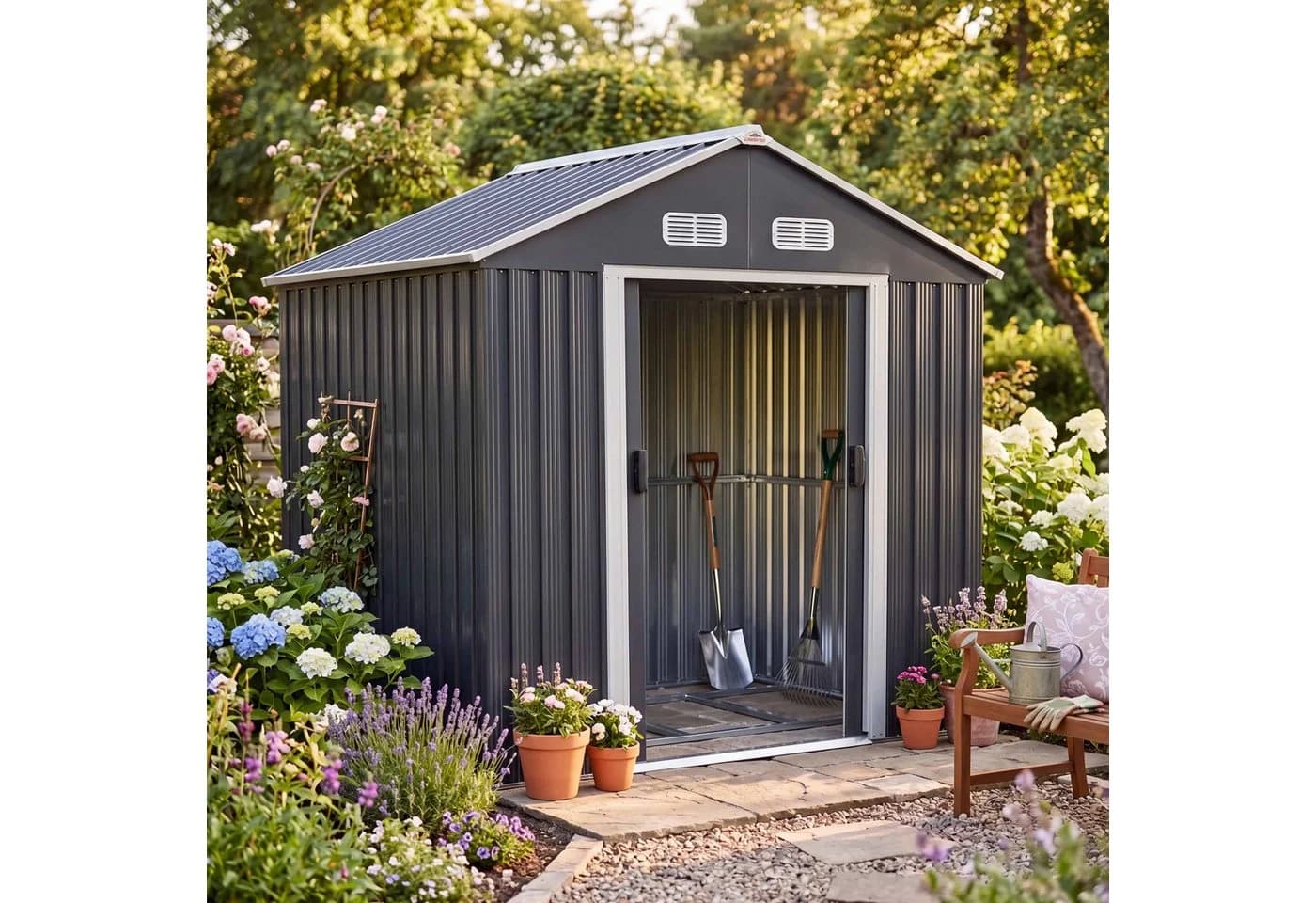 Gardebruk Gerätehaus Metall 2m² mit Fundament 196x132x188cm Schiebetür Anthrazit - Bild 2