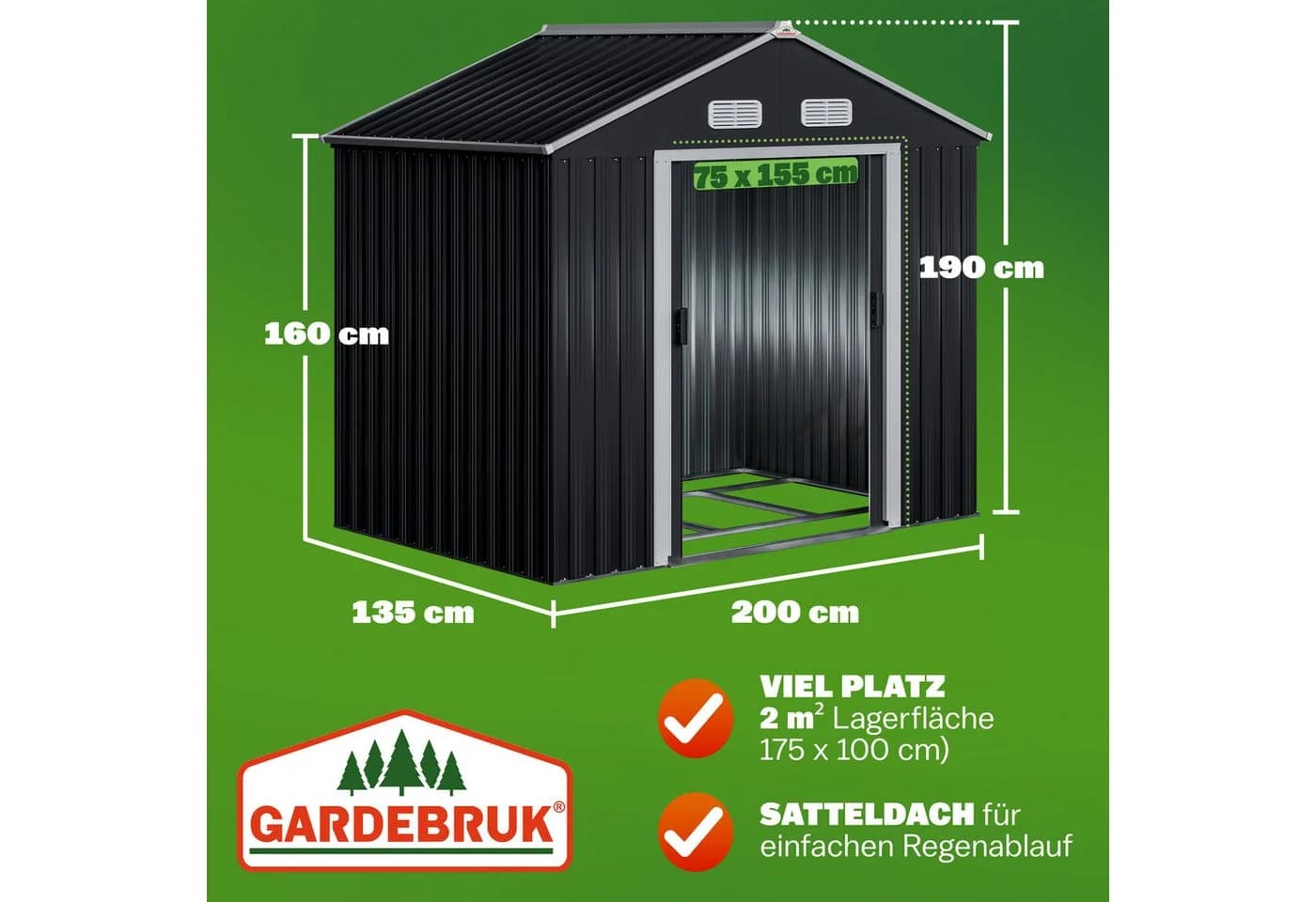 Gardebruk Gerätehaus Metall 2m² mit Fundament 196x132x188cm Schiebetür Anthrazit - Bild 3