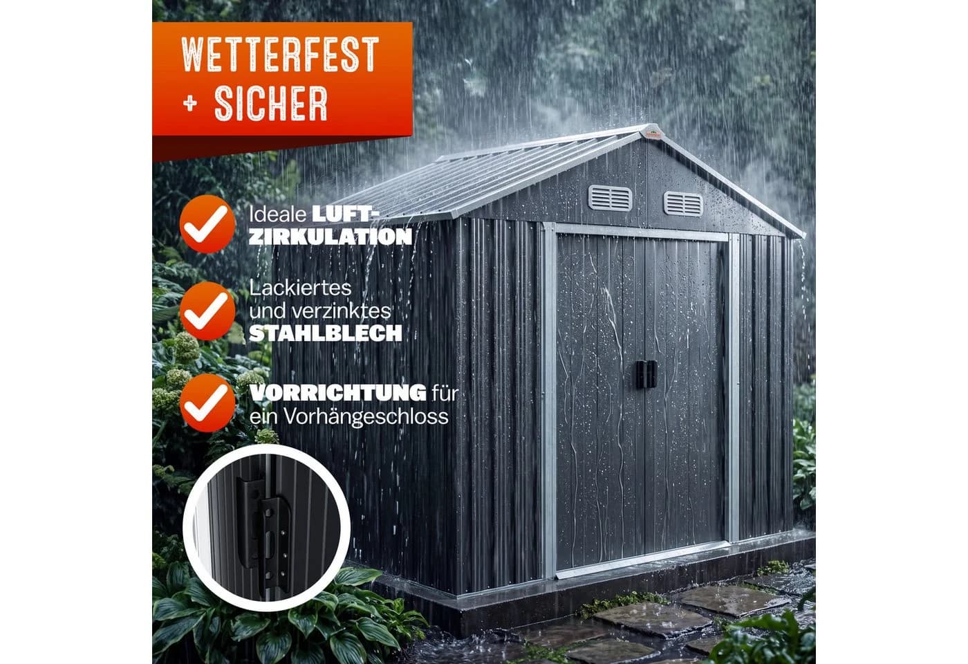 Gardebruk Gerätehaus Metall 2m² mit Fundament 196x132x188cm Schiebetür Anthrazit - Bild 4