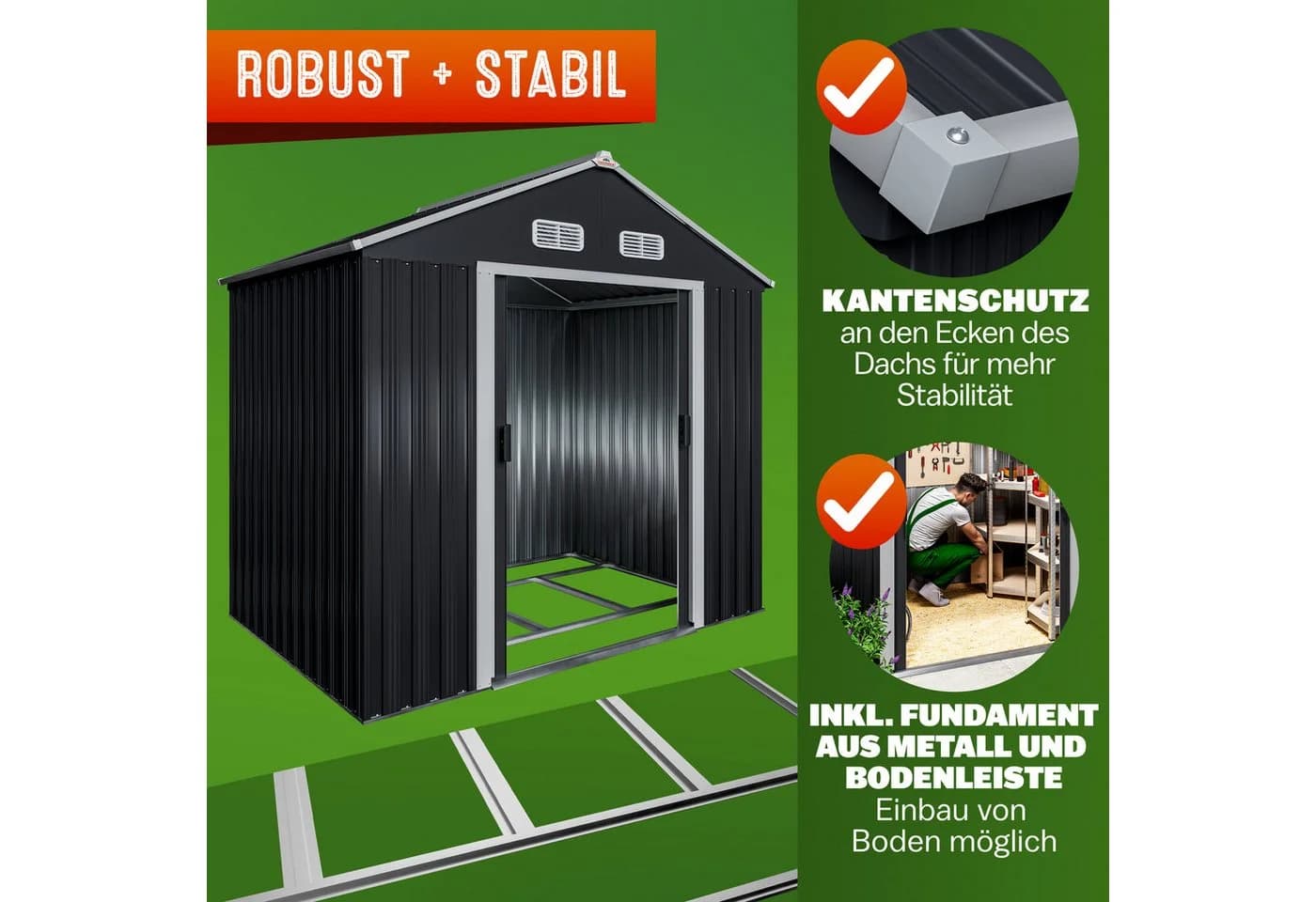 Gardebruk Gerätehaus Metall 2m² mit Fundament 196x132x188cm Schiebetür Anthrazit - Bild 5