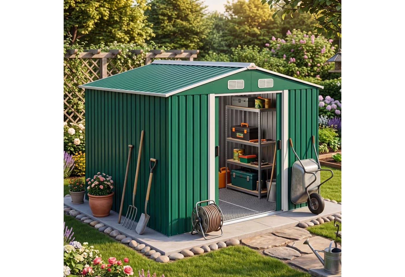 Gardebruk Gerätehaus Metall Grün mit Schiebetür und Stauraum - Bild 2