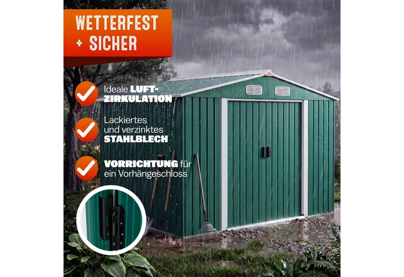 Gardebruk Gerätehaus Metall Grün mit Schiebetür und Stauraum - Bild 4