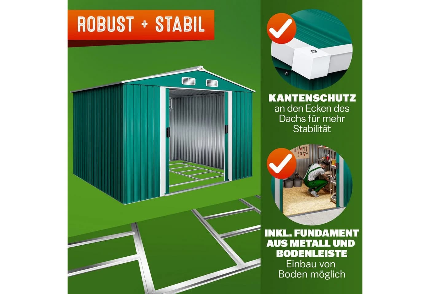 Gardebruk Gerätehaus Metall Grün mit Schiebetür und Stauraum - Bild 5