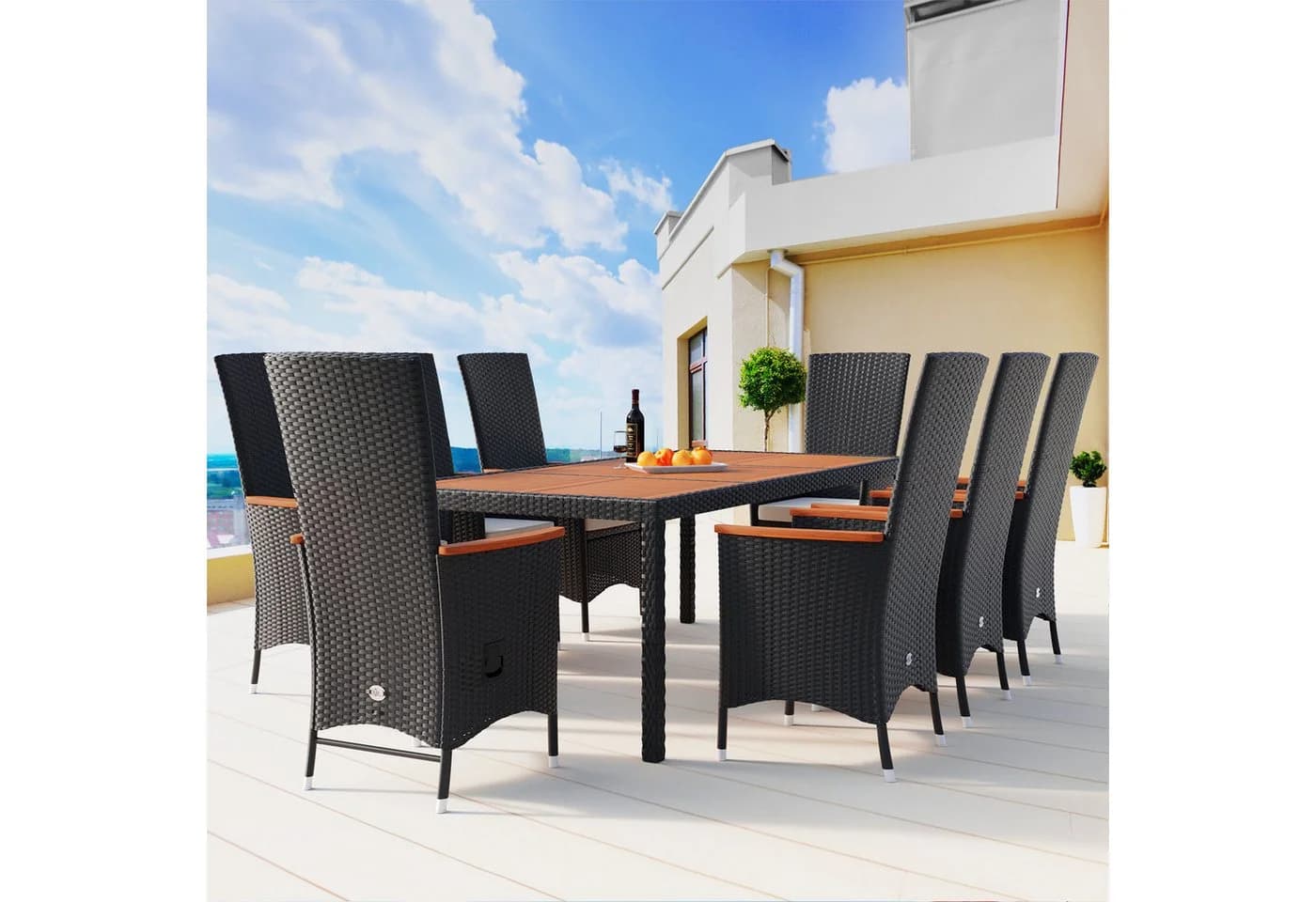 Casaria Garten-Essgruppe 9-tlg. Polyrattan Akazie mit verstellbaren Lehnen