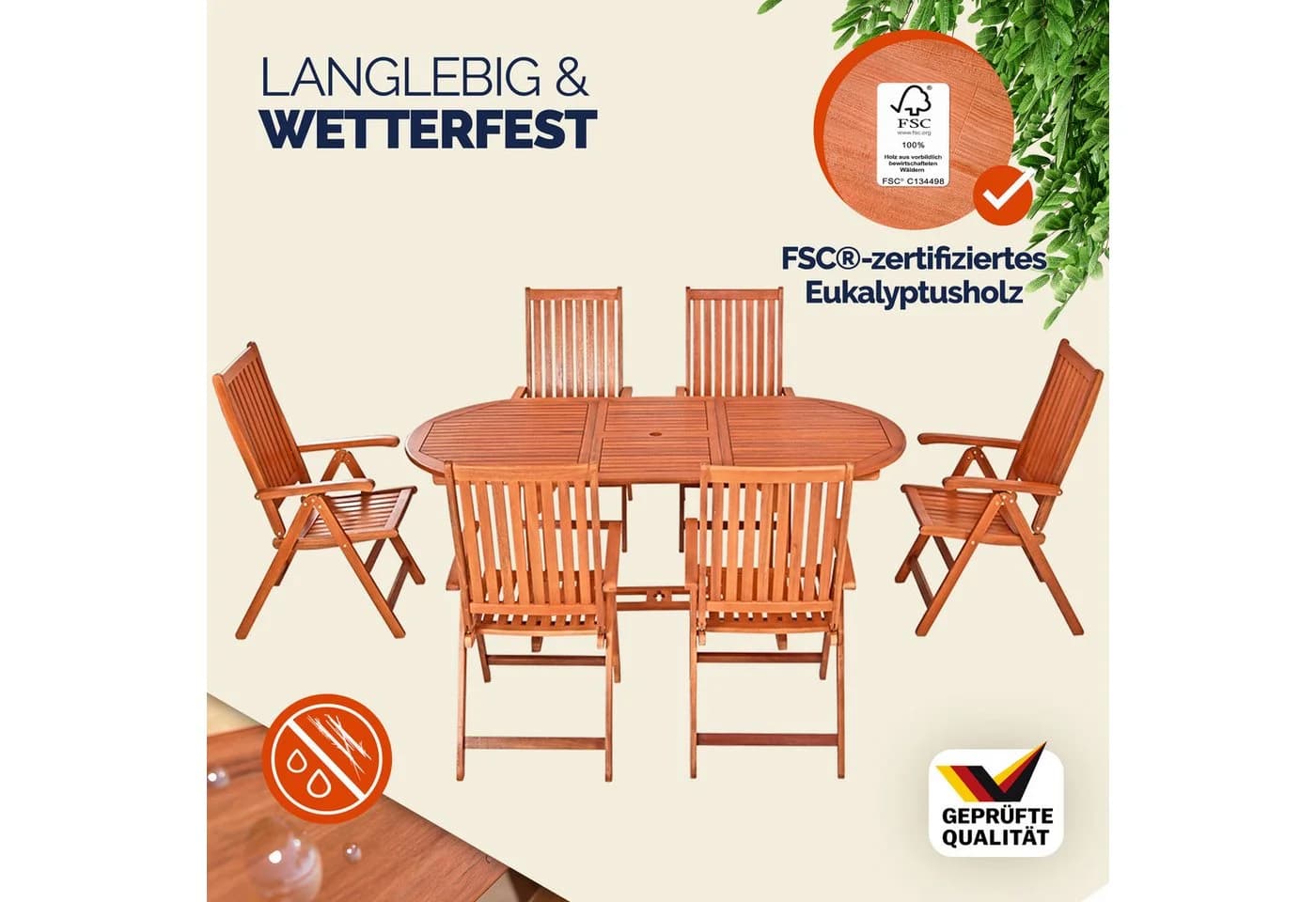 Casaria Sitzgruppe Vanamo 7-tlg. Holz mit Tisch und Klappstühlen
