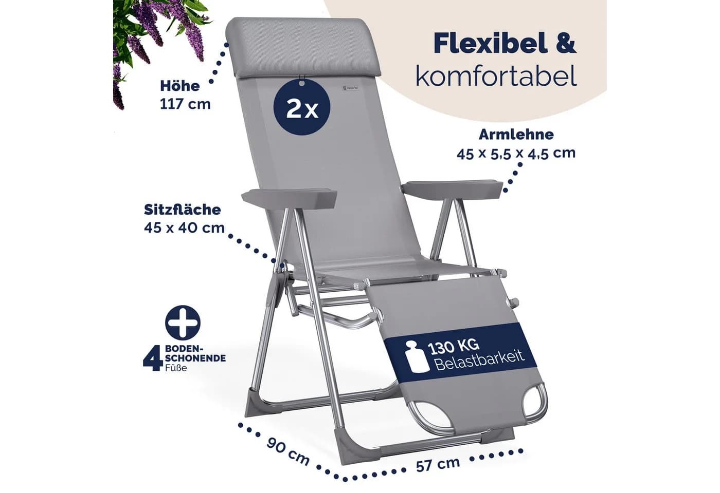 Casaria Gartenstuhl 2er Set Grau Klappbar mit Fußablage - Bild 4