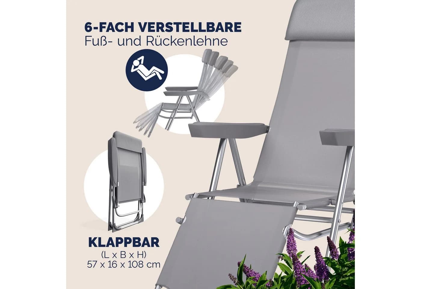 Casaria Gartenstuhl 2er Set Grau Klappbar mit Fußablage - Bild 5