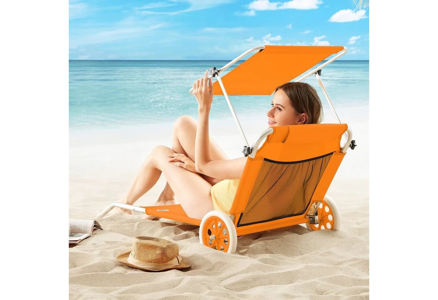 Casaria Strandliege Kreta mit Sonnendach & Rollen Orange - Bild 5