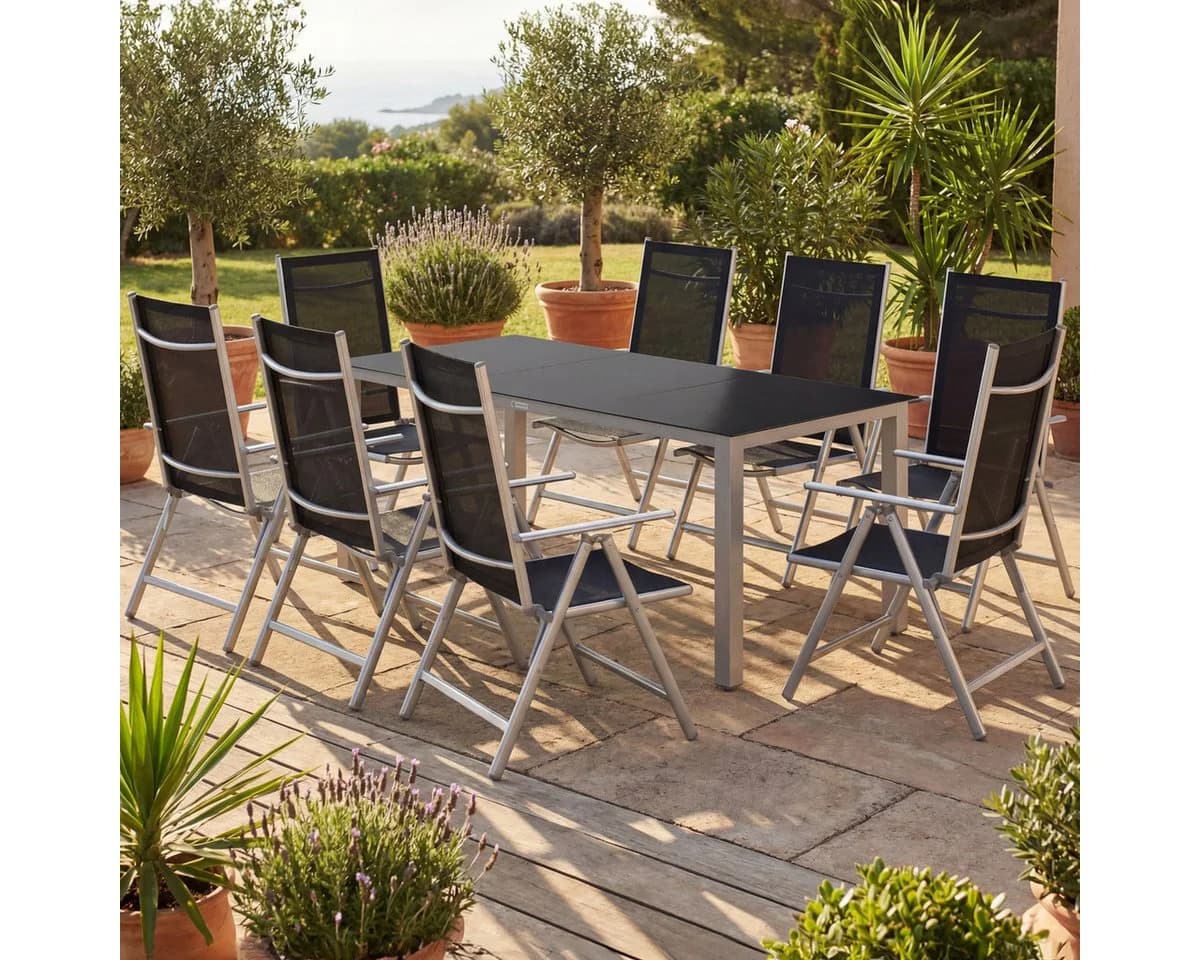 Casaria Garten-Essgruppe Bern 9-tlg. Aluminium Schwarz/Silber Wetterfest