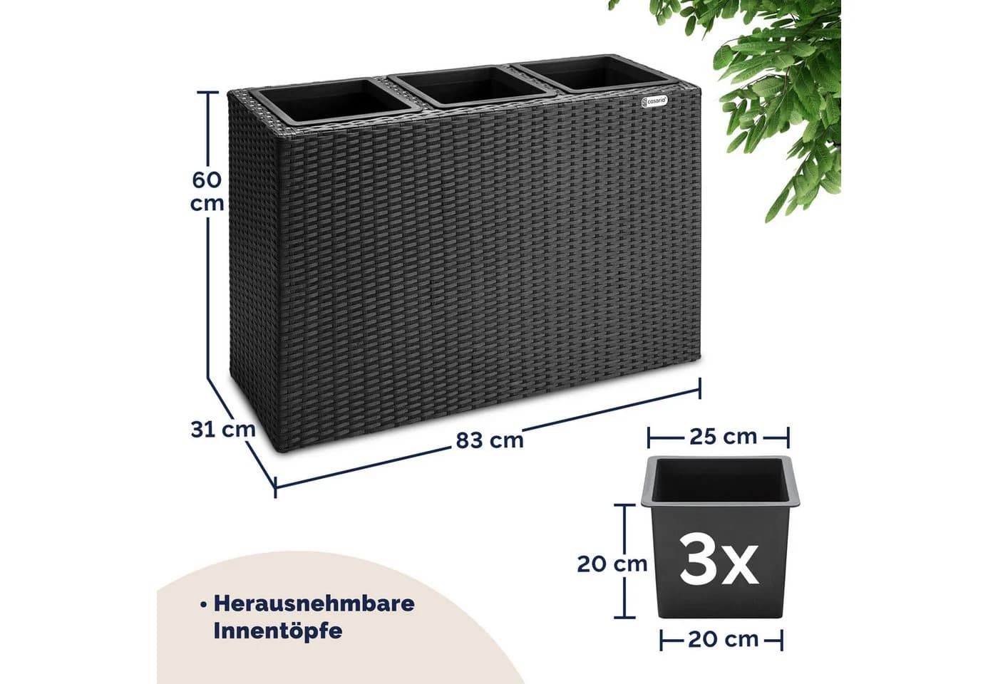 Casaria Pflanzkübel 3 Innentöpfe Schwarz Polyrattan - Bild 3