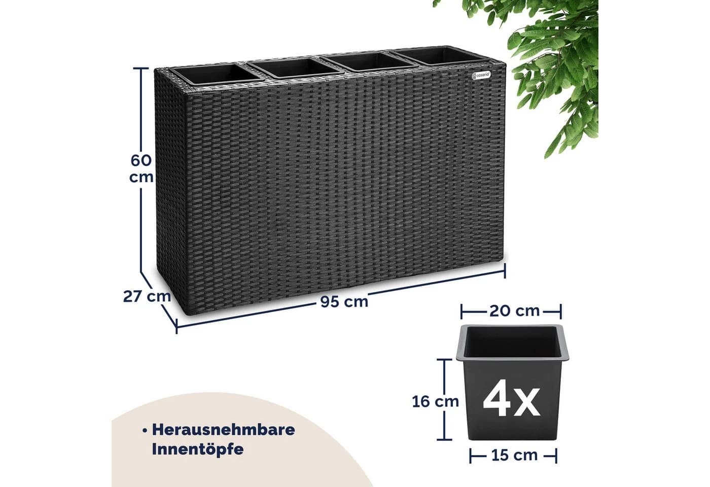 Casaria Pflanzkübel 4 Innentöpfe Polyrattan Schwarz - Bild 3
