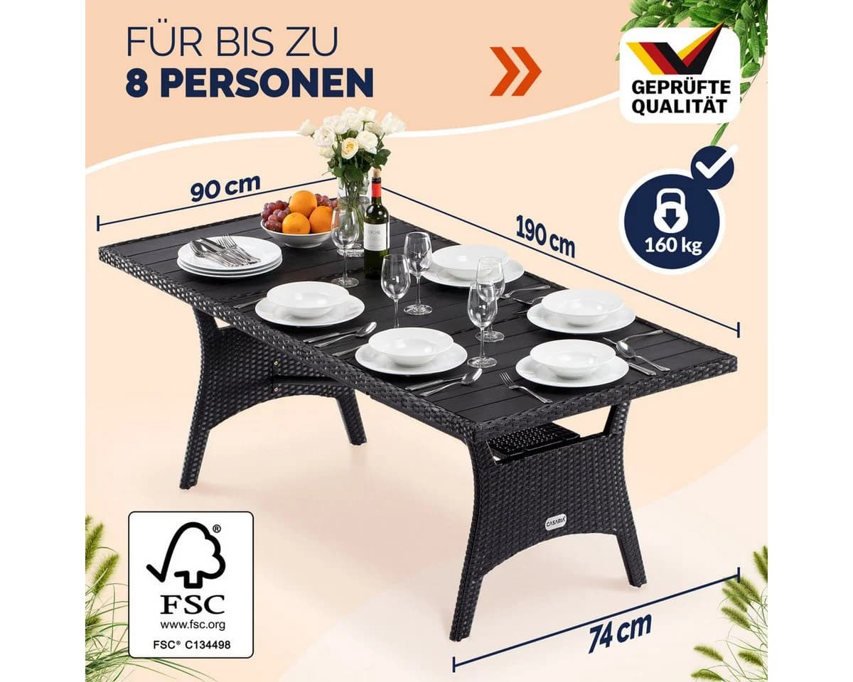 Casaria Gartentisch Polyrattan mit WPC-Tischplatte höhenverstellbar