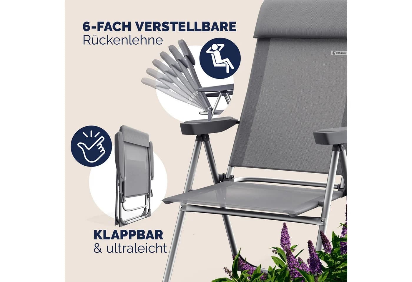 Casaria Gartenstuhl 2er Set Hochlehner 7-fach Verstellbar Alu Klappbar Grau - Bild 4