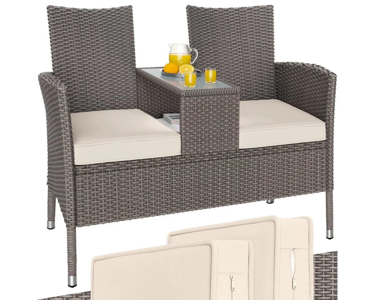 Casaria Gartenbank Creme mit Tisch Polyrattan 2-Sitzer - Bild 2
