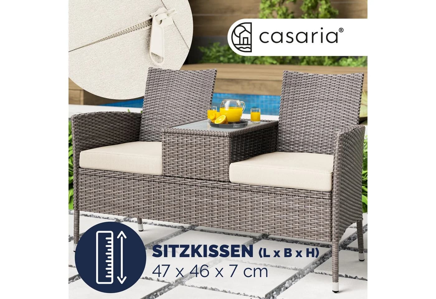 Casaria Gartenbank Creme mit Tisch Polyrattan 2-Sitzer - Bild 3