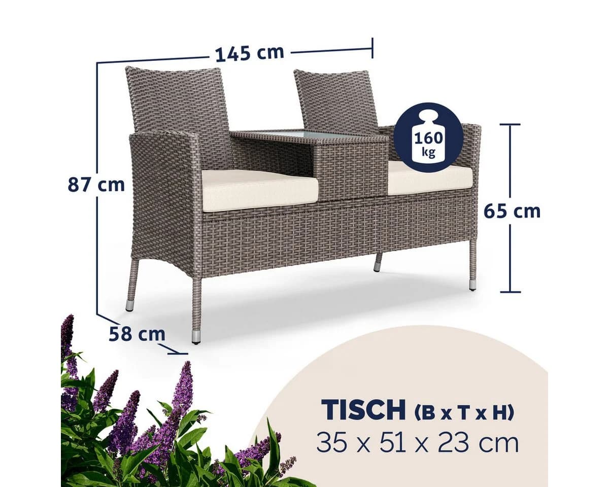 Casaria Gartenbank Creme mit Tisch Polyrattan 2-Sitzer - Bild 5