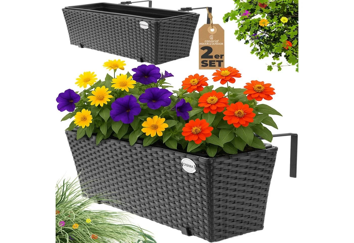 Casaria Blumenkasten 2er Set 11L Polyrattan mit Halterung - Bild 2