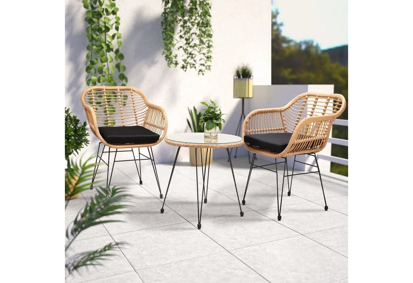 Casaria Balkonset Bali 3-tlg. Rattan-Optik Sicherheitsglas Höhenverstellbar