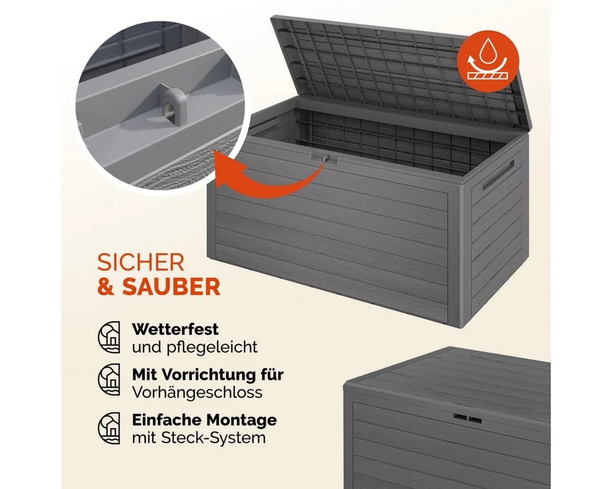 Casaria Auflagenbox Woody 280L UV-beständig Griffmulden Verschließbar Balkon Holz-Optik Grau - Bild 3