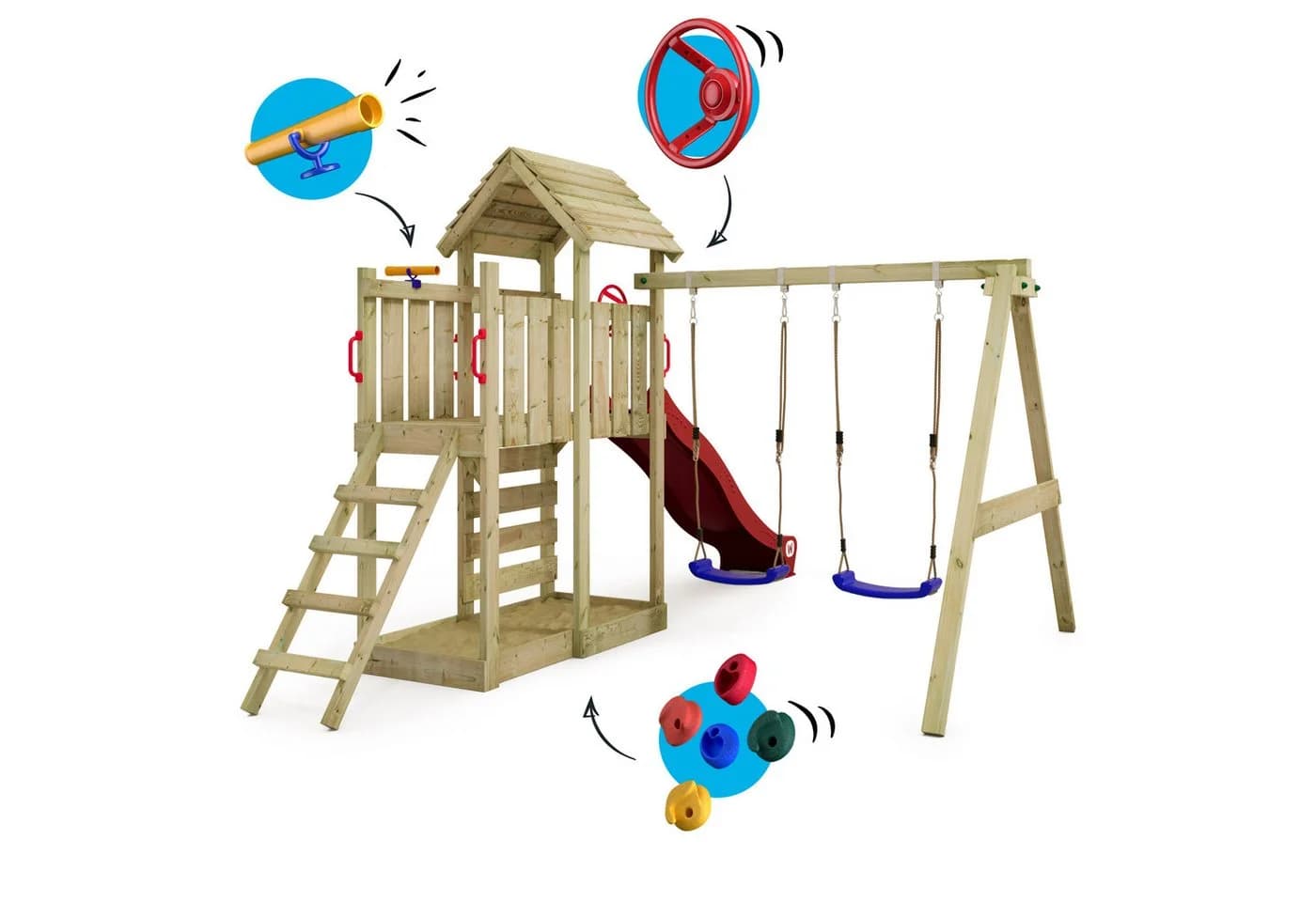 Wickey Spielturm MultiFlyer mit Holzdach, Doppelschaukel & Rutsche