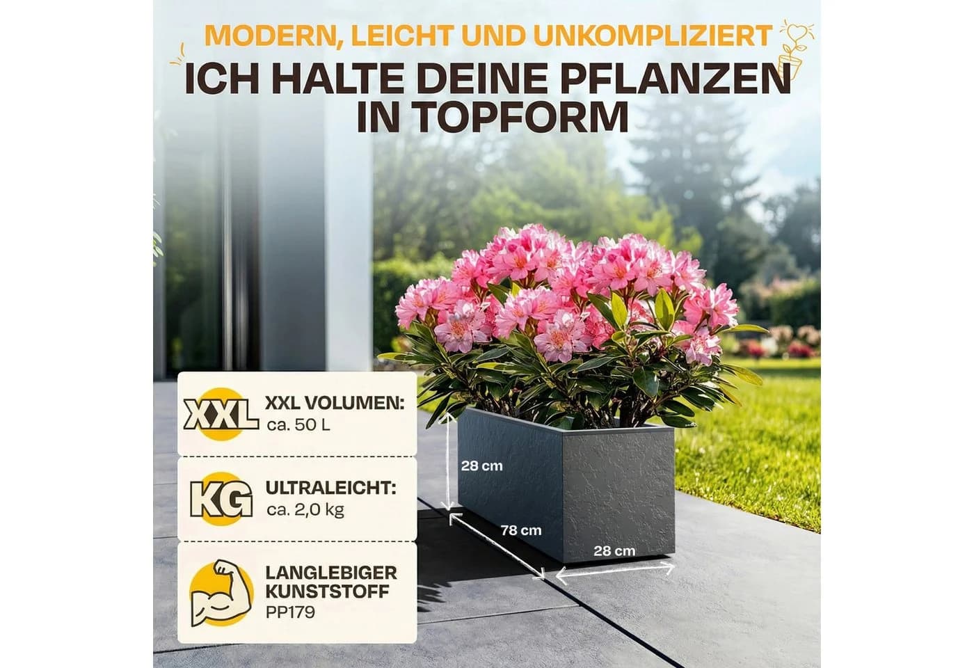ONDIS24 Pflanzkübel Vulkano 50L Blumenkasten Anthrazit mit Wasserspeicher