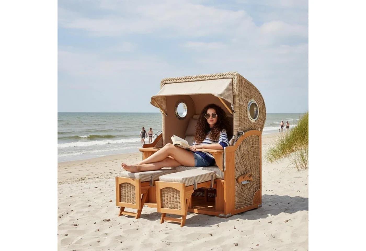 MR.DEKO Strandkorb Düne Bullauge 2-Sitzer Teak PE Geflecht Beige/Braun