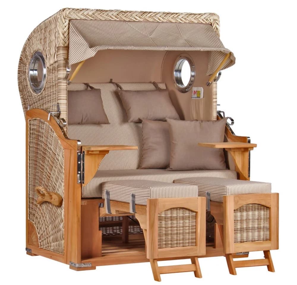 MR.DEKO Strandkorb Düne Bullauge 2-Sitzer Teak PE Geflecht Beige/Braun - Bild 2