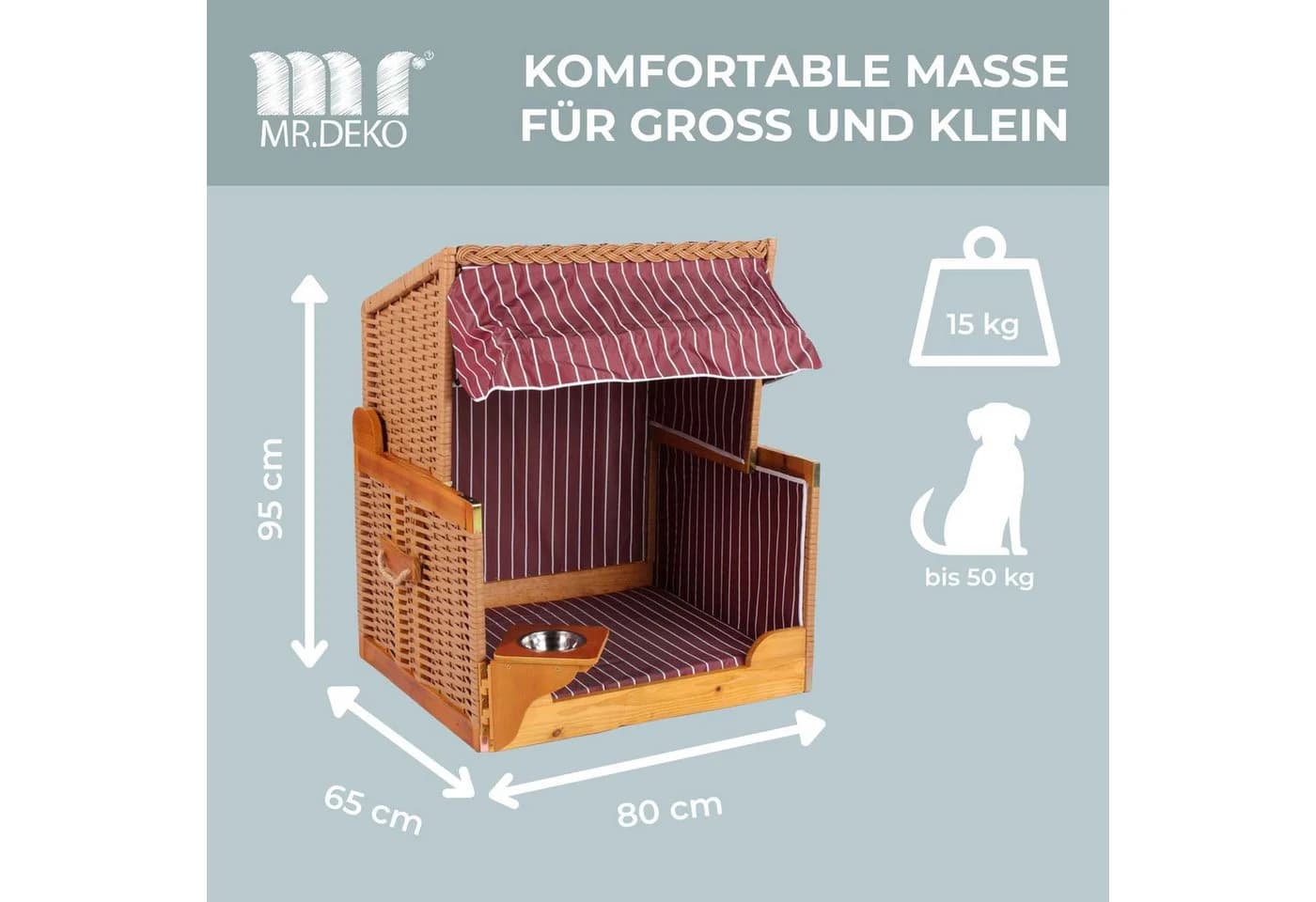 MR.DEKO Haustierstrandkorb Wacholder PE Rattan Beige/Rot mit Sonnenblende
