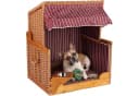 MR.DEKO Haustierstrandkorb Wacholder PE Rattan Beige/Rot mit Sonnenblende Bild 2