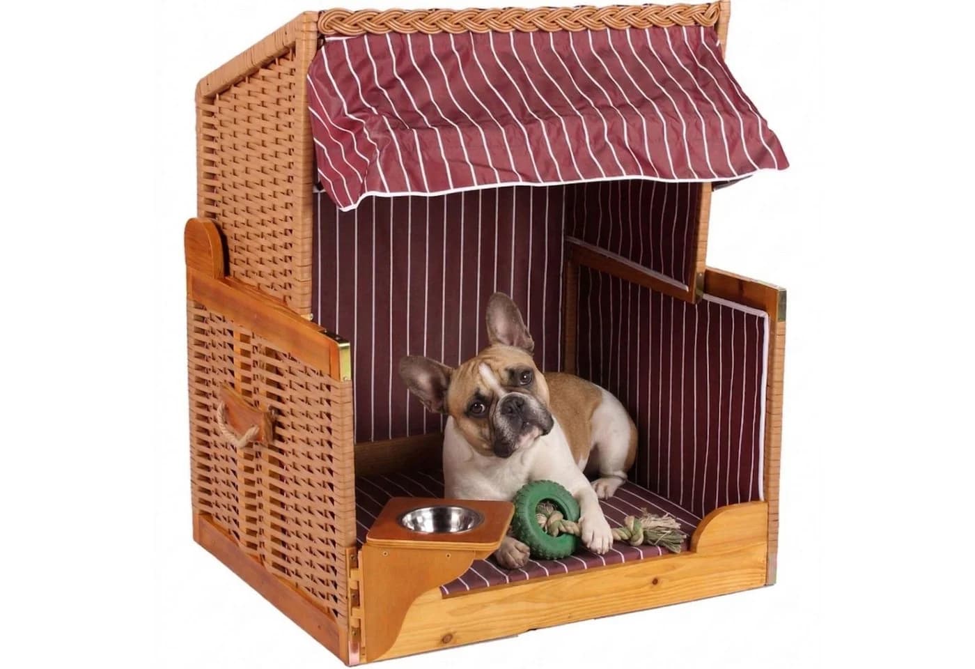 MR.DEKO Haustierstrandkorb Wacholder PE Rattan Beige/Rot mit Sonnenblende - Bild 2