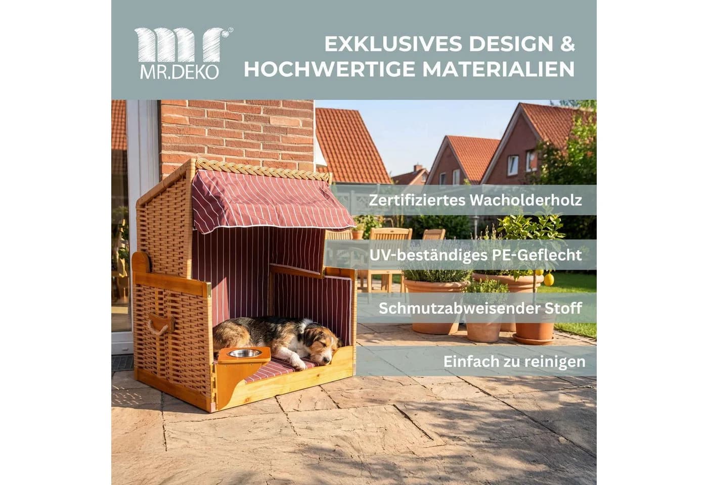 MR.DEKO Haustierstrandkorb Wacholder PE Rattan Beige/Rot mit Sonnenblende - Bild 3