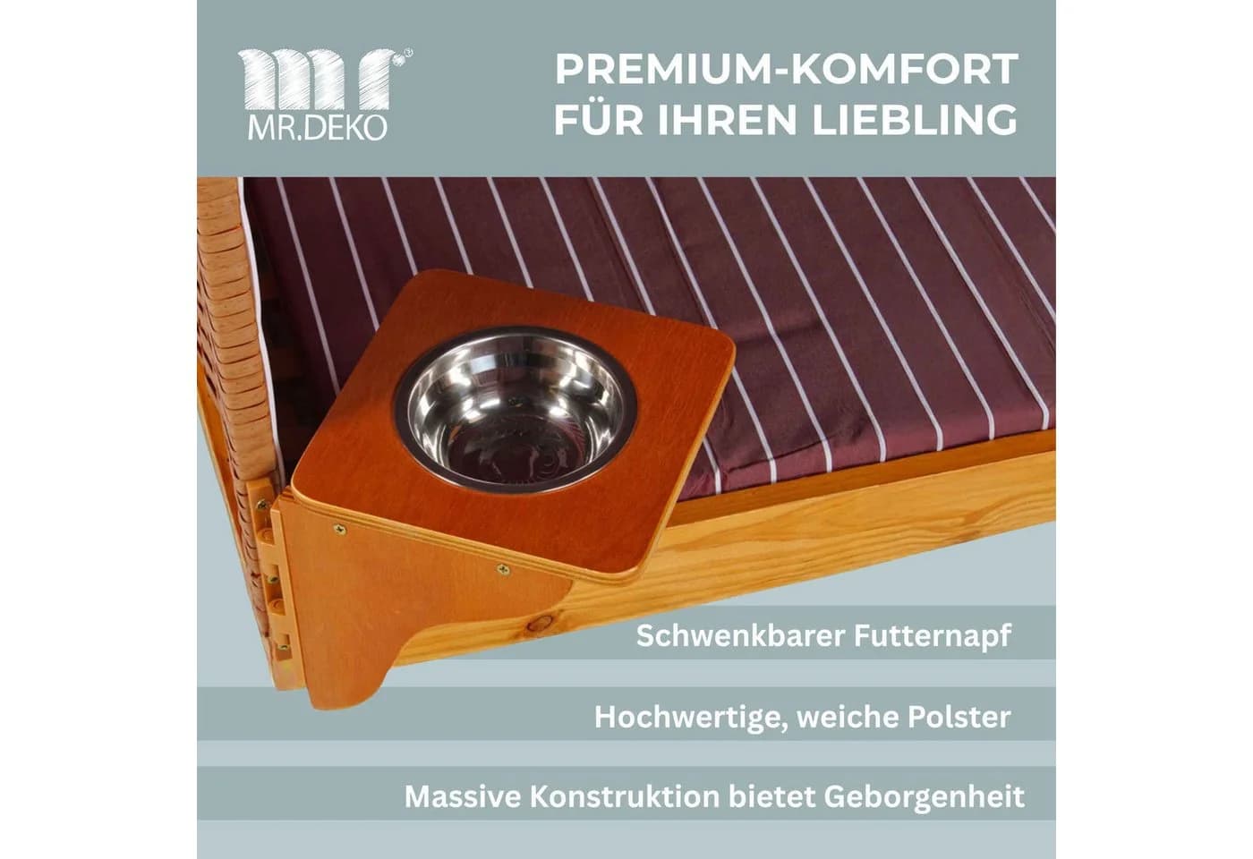 MR.DEKO Haustierstrandkorb Wacholder PE Rattan Beige/Rot mit Sonnenblende - Bild 5
