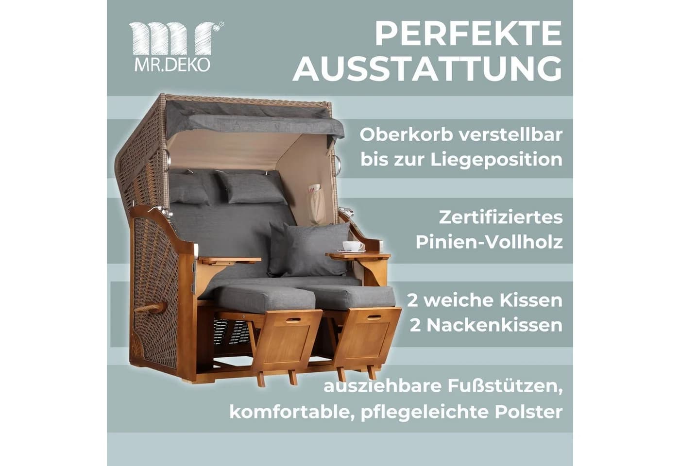 MR.DEKO Strandkorb 2-Sitzer Schleswig Pinie Braun PE Mokka - Bild 4