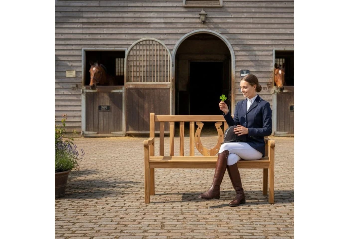 MR.DEKO Gartenbank Teak Hufeisen 120 cm Massive Sitzbank