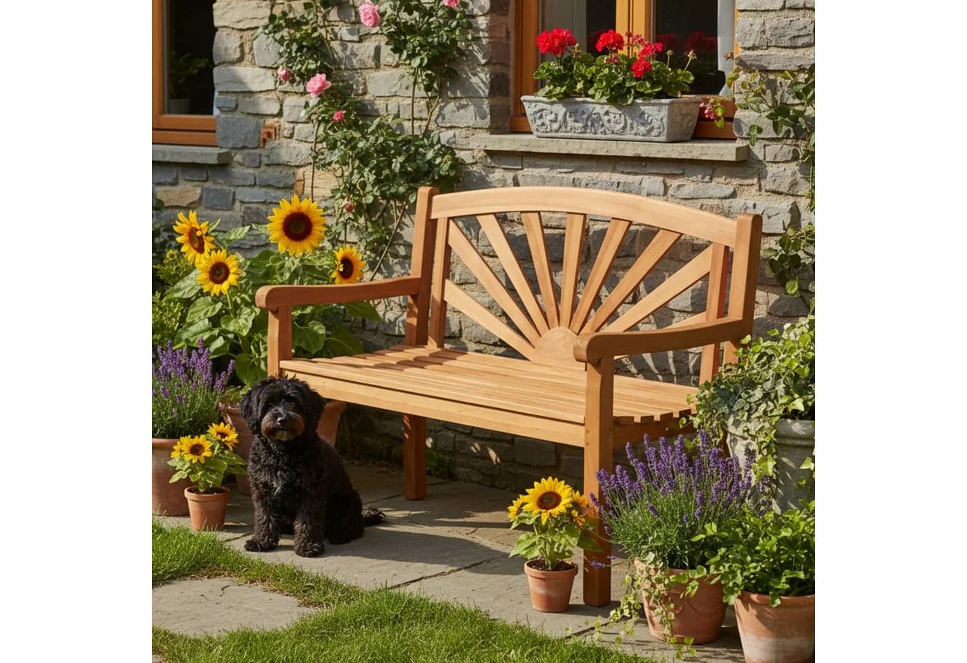 MR.DEKO Gartenbank Teak Sonnen-Motiv 2-Sitzer wetterfest